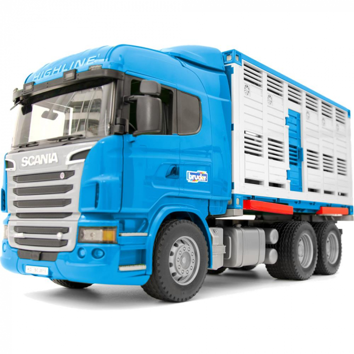 Игрушка Bruder грузовик Bruder Scania R для перевозки животных с контейнером и фигуркой быка